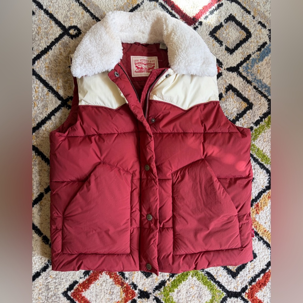 Levi's Red Vest with White Faux Fur Collar Lining